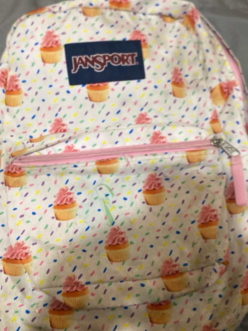 Jansport White Backpack with Pink Cupcake Print